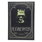 A black book cover featuring a stylized green and white illustration of Frankenstein's monster head, with the title 'FRANKENSTEIN' 