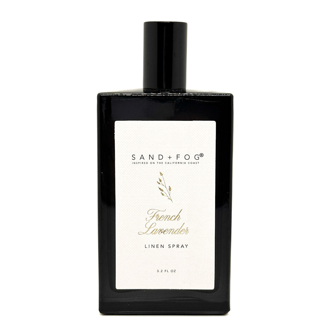 Black linen spray bottle labeled 'French Lavender' by Sand + Fog on a white background