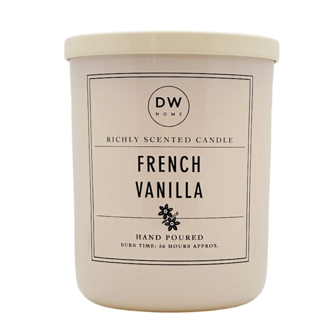 A cream-colored plastic jar candle with a matching lid, featuring a white paper label with black text that reads 'DW HOME' and 'FRENCH VANILLA'.