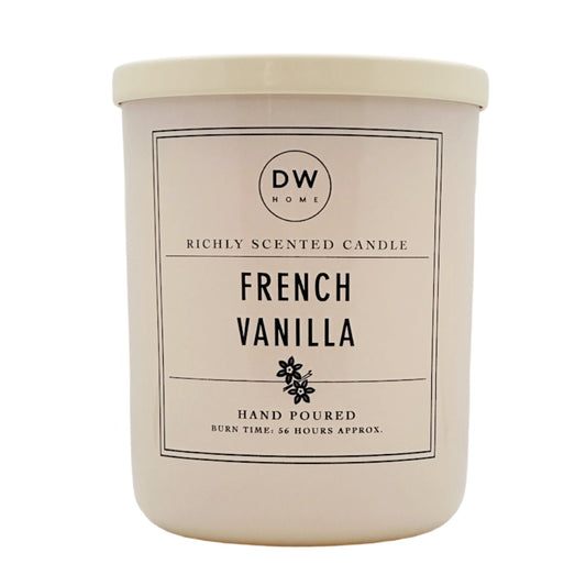 A cream-colored plastic jar candle with a matching lid, featuring a white paper label with black text that reads 'DW HOME' and 'FRENCH VANILLA'.