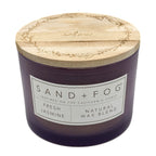 Sand + Fog Fresh Jasmine candle with wooden lid on a white background