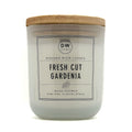 DW Home Fresh Cut Gardenia candle with wooden wick and label on a white background