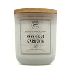 DW Home Fresh Cut Gardenia candle with wooden wick and label on a white background