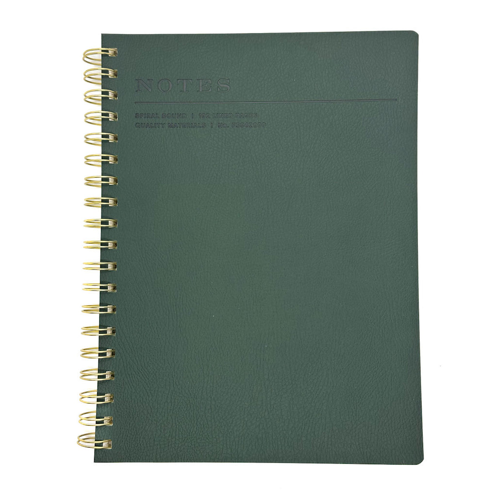 Fringe Studio Green notebook with gold spiral binding on a white background