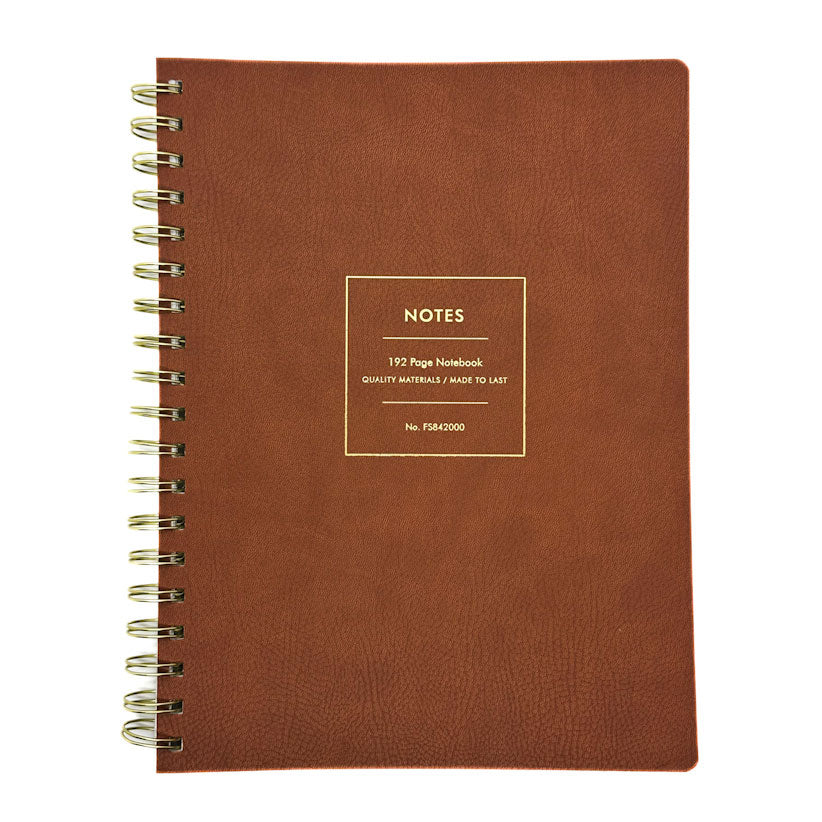 Fringe Studio brown loft leather notebook with gold spiral binding on a white background