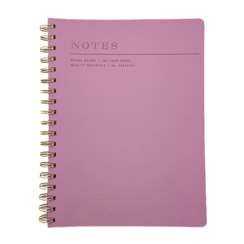 Fringe Studio pink soft leather notebook with 'NOTES' text on a white background