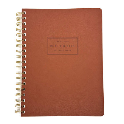 Brown notebook with gold spiral binding on a white background