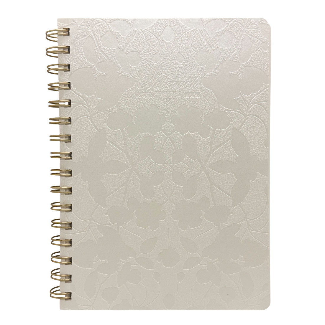 Fringe Studio A5 Ivory textured notebook with gold spiral binding on a white background