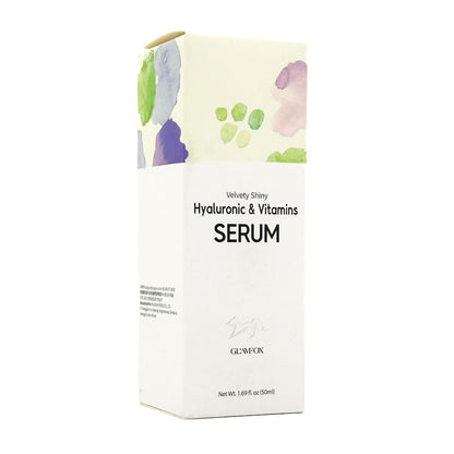 GLAMFOX Hyaluronic & Vitamins serum packaging with floral design on the cap and text on the body.