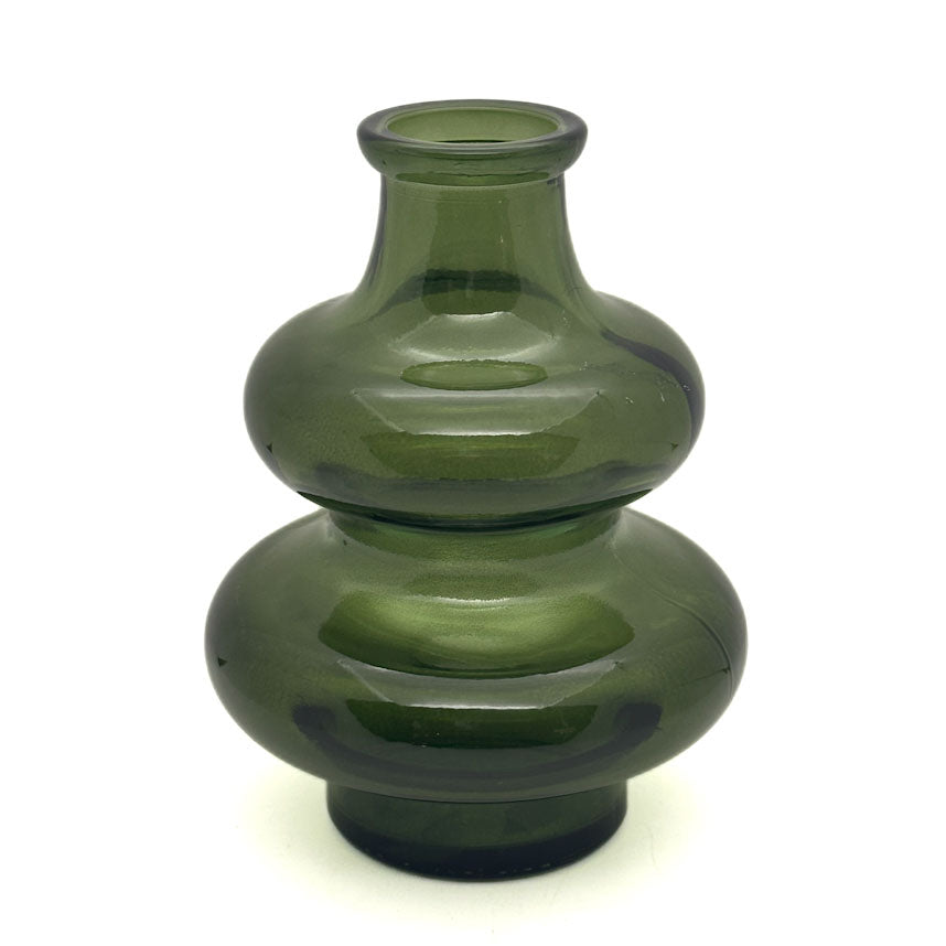 A small double-bulb glass vase in translucent olive green, photographed against a plain white background.