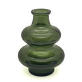 A small double-bulb glass vase in translucent olive green, photographed against a plain white background.