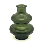 A small double-bulb glass vase in translucent olive green, photographed against a plain white background.
