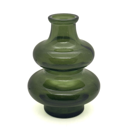A small double-bulb glass vase in translucent olive green, photographed against a plain white background.