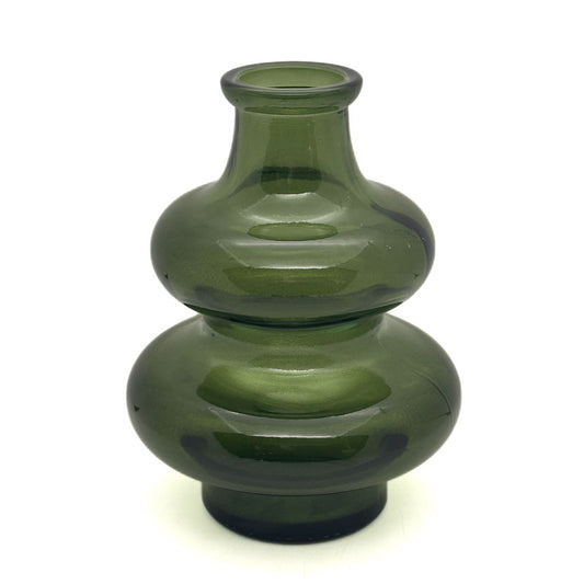 A small double-bulb glass vase in translucent olive green, photographed against a plain white background.