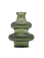 A translucent olive green glass vase with a bulbous, tiered design and a short flared neck, shown against a plain white background.