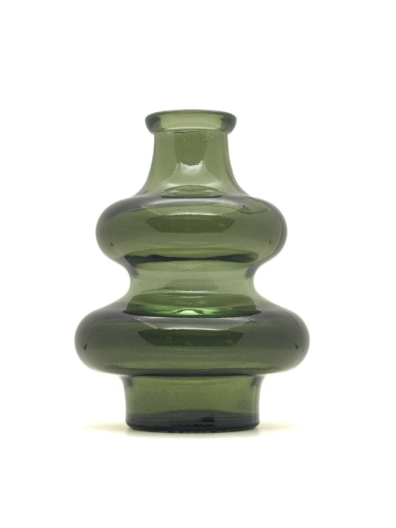 A translucent olive green glass vase with a bulbous, tiered design and a short flared neck, shown against a plain white background.