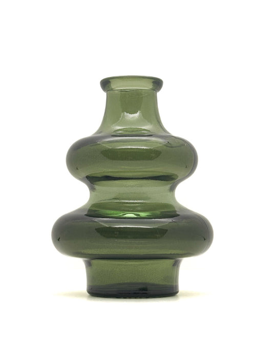 A translucent olive green glass vase with a bulbous, tiered design and a short flared neck, shown against a plain white background.