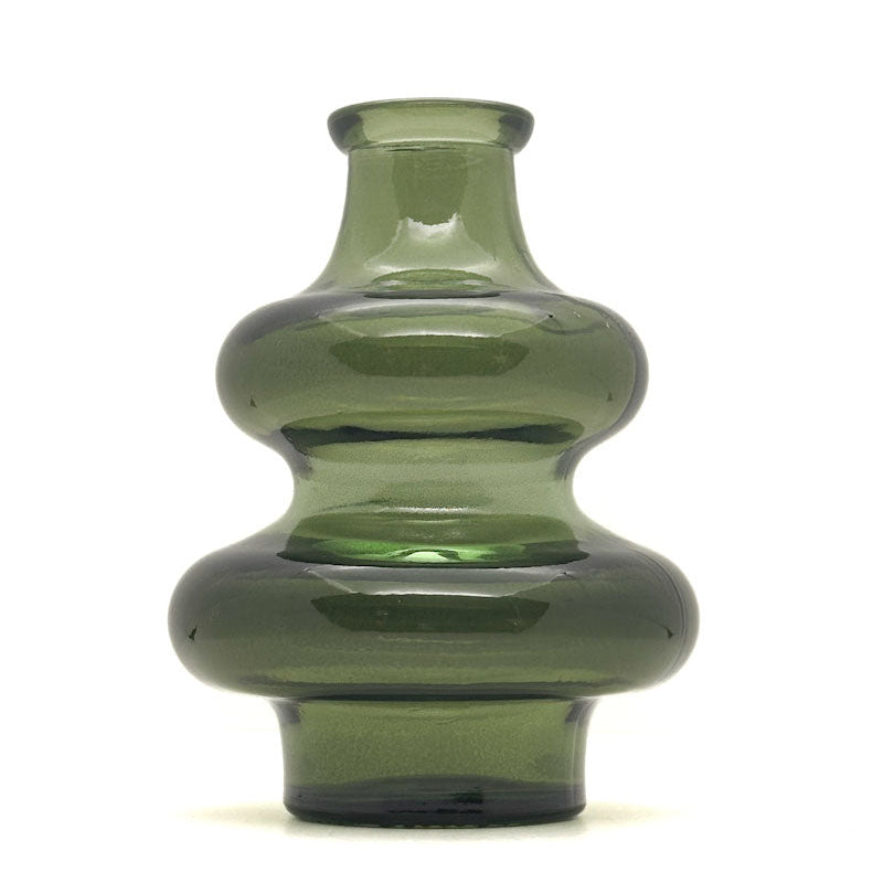 A translucent olive green glass vase with a bulbous, tiered design and a short flared neck, shown against a plain white background.