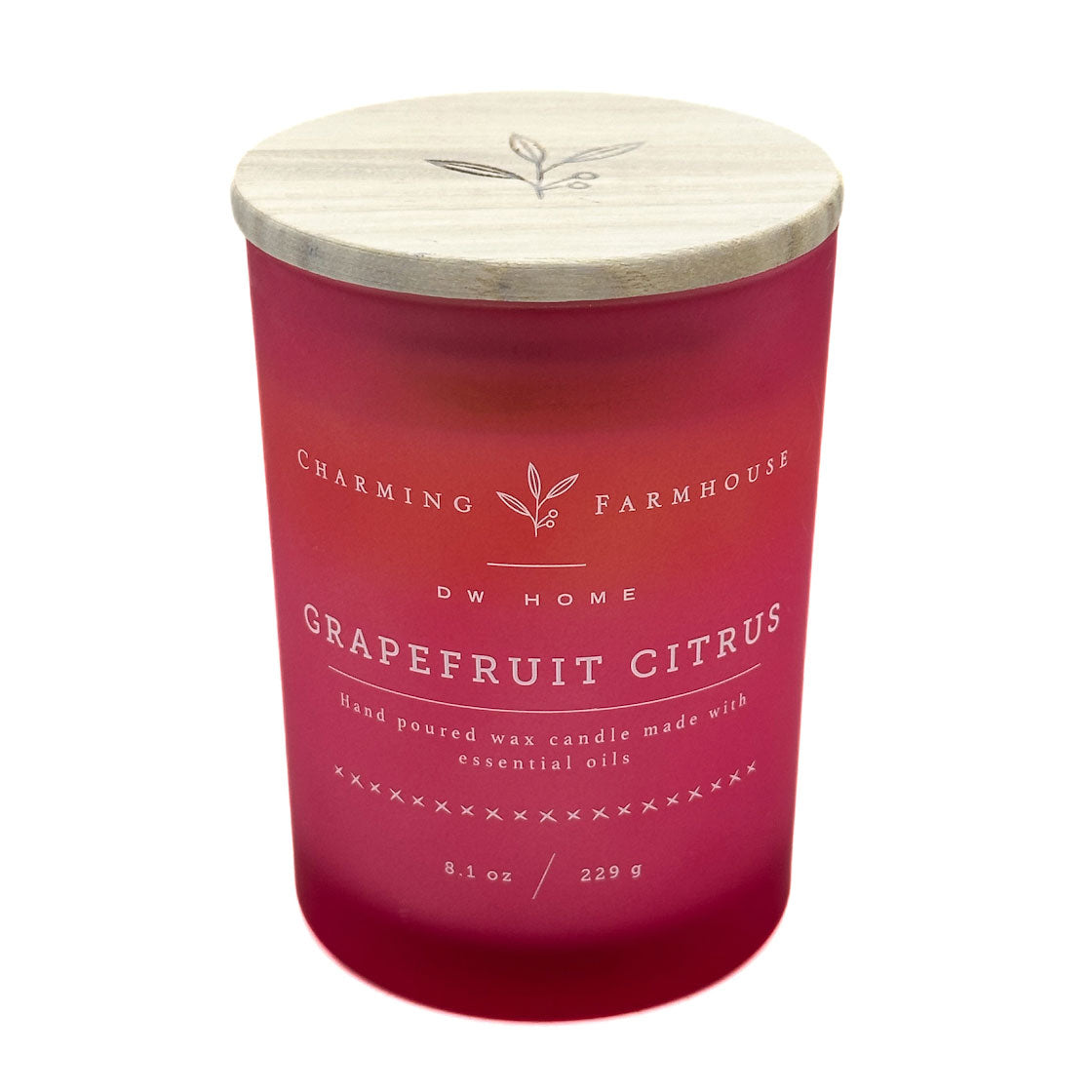Grapefruit Citrus Pink candle with wooden lid labeled 'Charming Farmhouse' on a white background