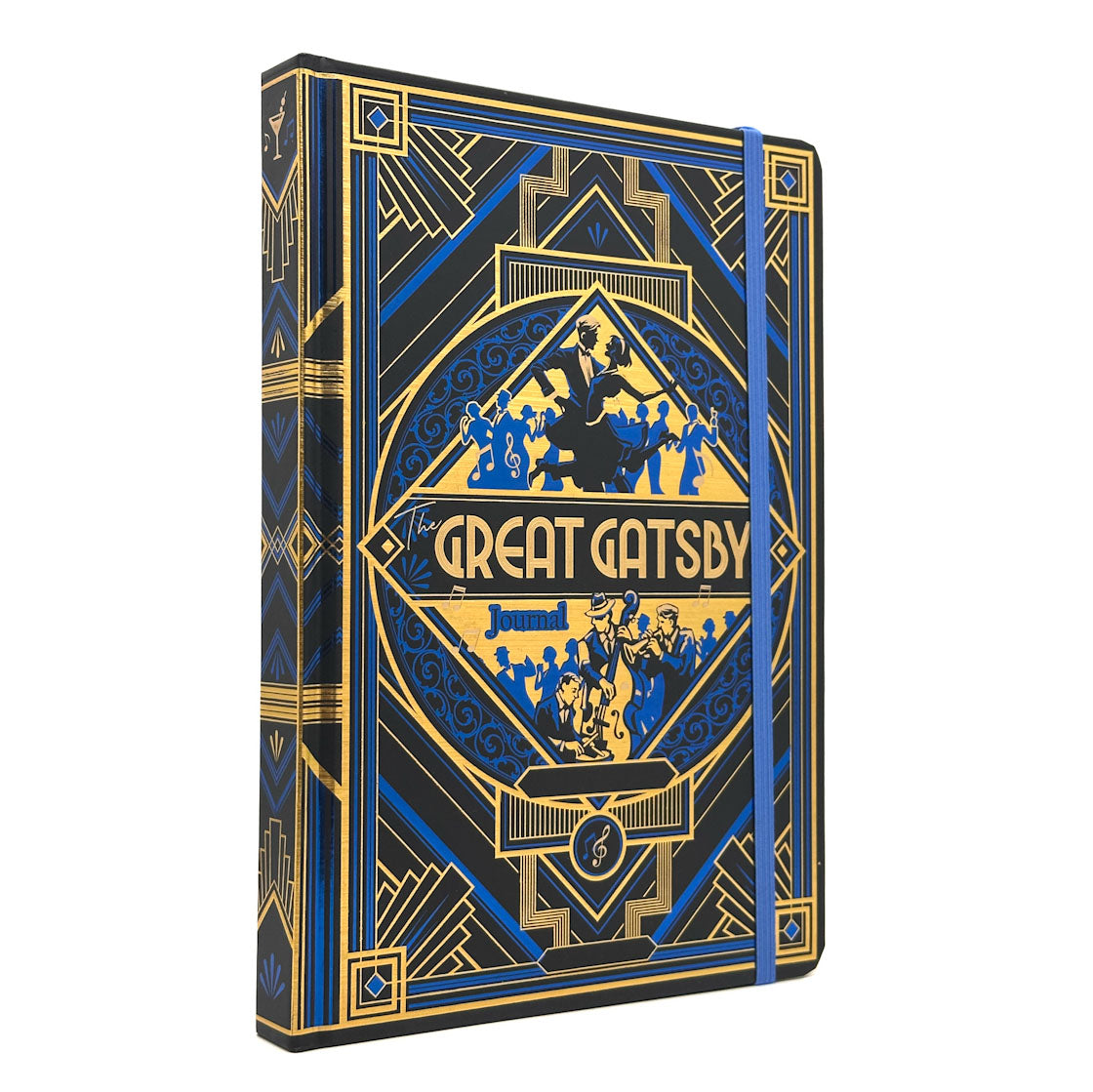 The Great Gatsby hardcover journal featuring an Art Deco design in black, blue, and gold. The cover displays a central diamond-shaped emblem with silhouettes of figures and the title 'The Great Gatsby' in gold lettering.