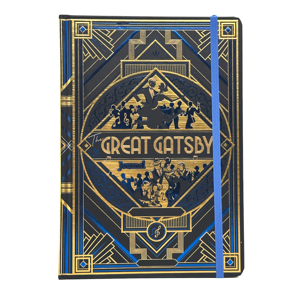 A hardcover notebook featuring an Art Deco style cover design inspired by 'The Great Gatsby', with a blue elastic closure band, shown on a plain white background.