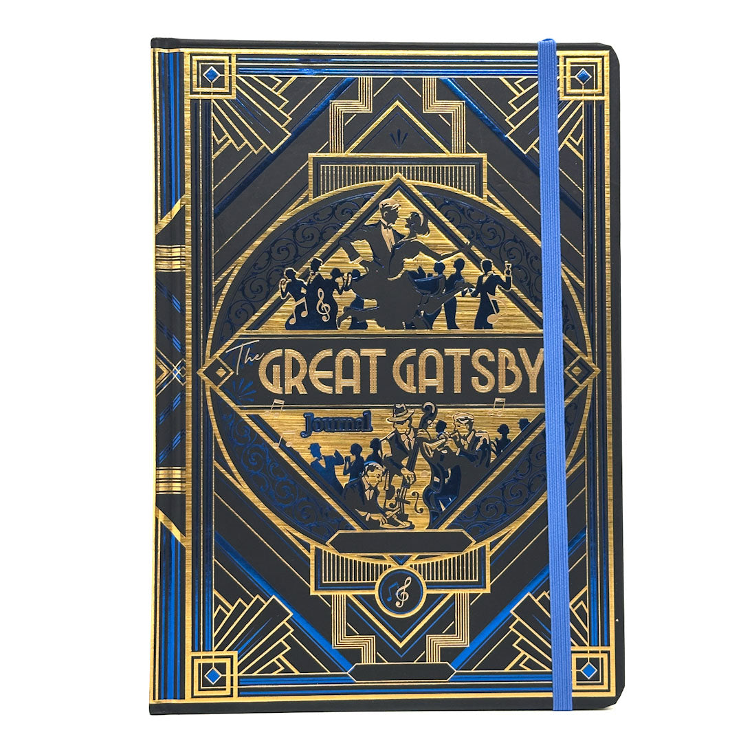 A hardcover notebook featuring an Art Deco style cover design inspired by 'The Great Gatsby', with a blue elastic closure band, shown on a plain white background.