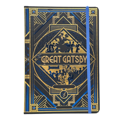 A hardcover notebook featuring an Art Deco style cover design inspired by 'The Great Gatsby', with a blue elastic closure band, shown on a plain white background.