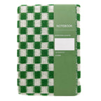 A green and white checkered notebook with a solid green paper band around the middle, labeled 'NOTEBOOK' on a white background.