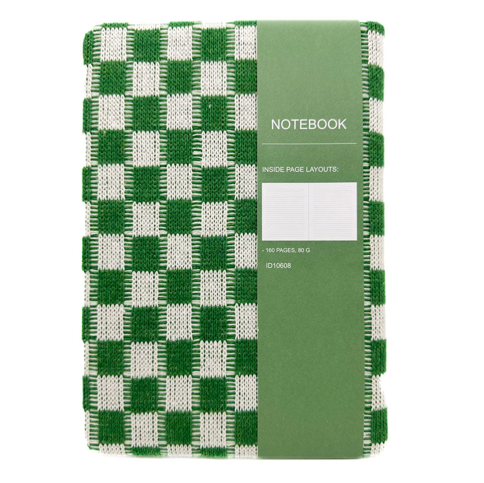 A green and white checkered notebook with a solid green paper band around the middle, labeled 'NOTEBOOK' on a white background.