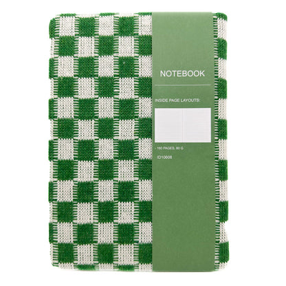 A green and white checkered notebook with a solid green paper band around the middle, labeled 'NOTEBOOK' on a white background.