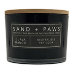 Guava Mango Black candle with 'Sand + Paws' label on a white background