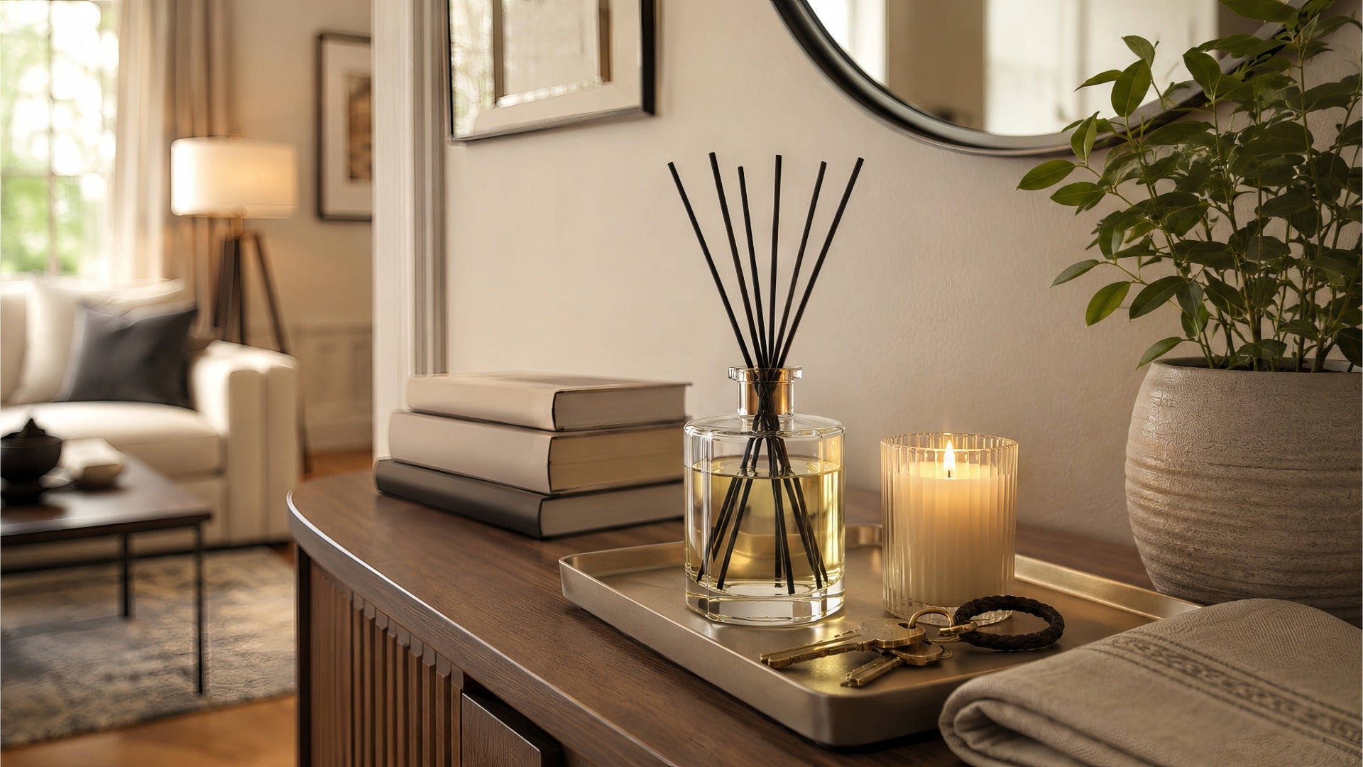 A reed diffuser bottle with black reeds on a tray next to a lit candle, styled on a wooden console table in a warm, modern living room setting.
