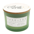 Green candle with 'Bride To Be' lid and Sand + Fog label on a white background