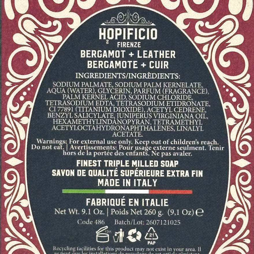 Product label with ingredients and branding details on a decorative background