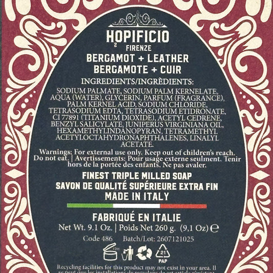 Product label with ingredients and branding details on a decorative background