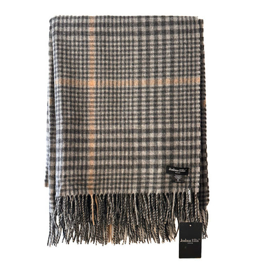 A folded plaid scarf with fringe, featuring a grey, black, and beige check pattern with a tan check stripe. A black fabric brand tag reading 'Joshua Ellis London' is attached near the bottom right corner.