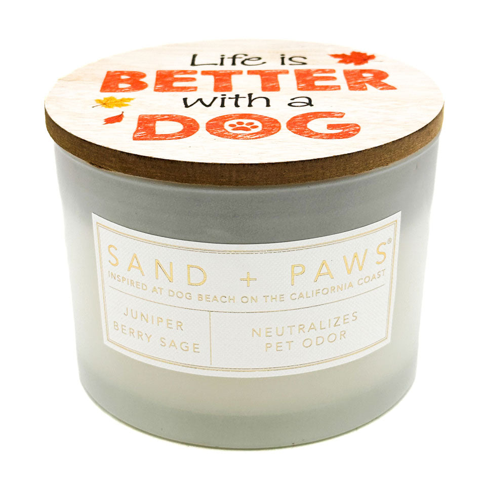 Juniper Berry Sage Candle - SAND + PAWS with 'life is better with a dog' on lid