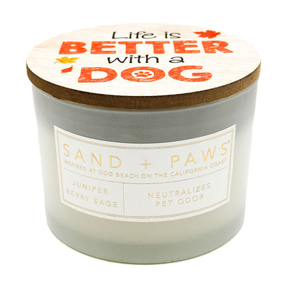 Juniper Berry Sage Candle - SAND + PAWS with 'life is better with a dog' on lid