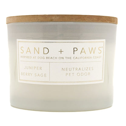 Juniper Berry Sage Candle with 'Sand + Paws' label on a white background