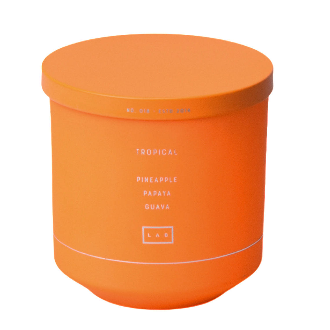 LAB Orange candle with 'Tropical Pineapple Papaya Guava' scent on a white background