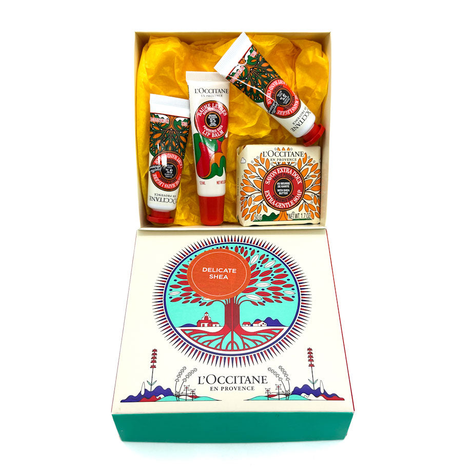 L'Occitane skincare set with products and packaging on a white background