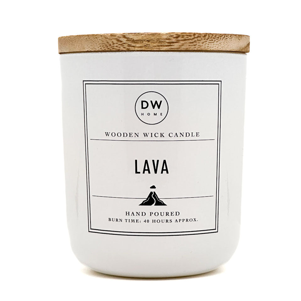 White candle with wooden lid labeled 'Lava' by DW Home on a white background