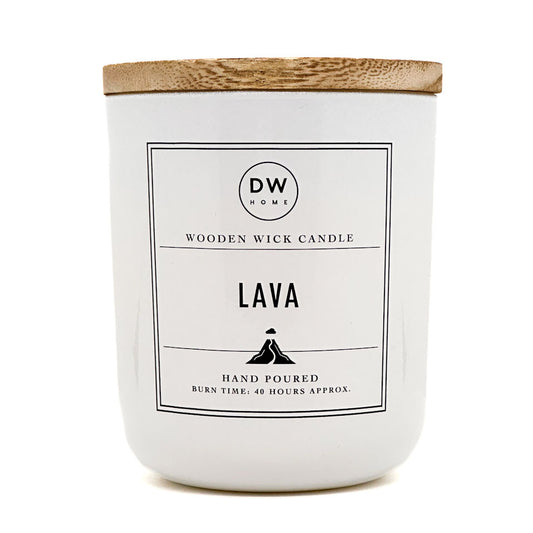 White candle with wooden lid labeled 'Lava' by DW Home on a white background