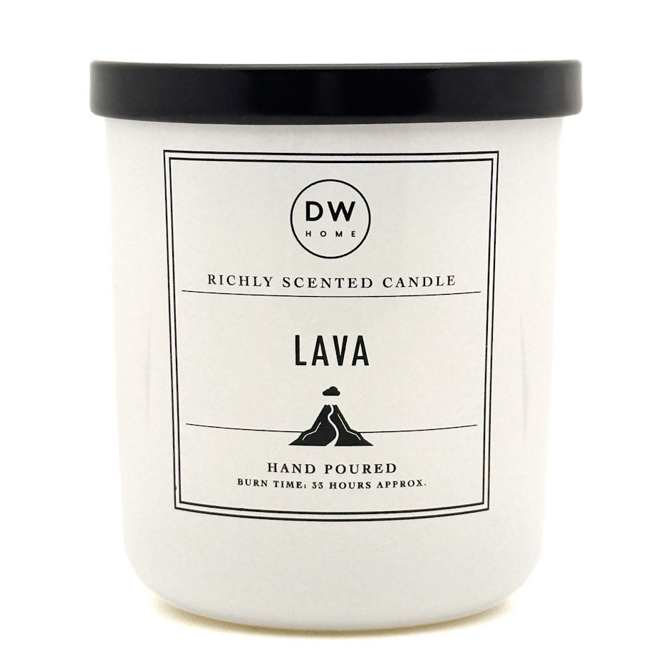 A white candle jat with a black lid labeled 'Lava' by DW Home on a white background