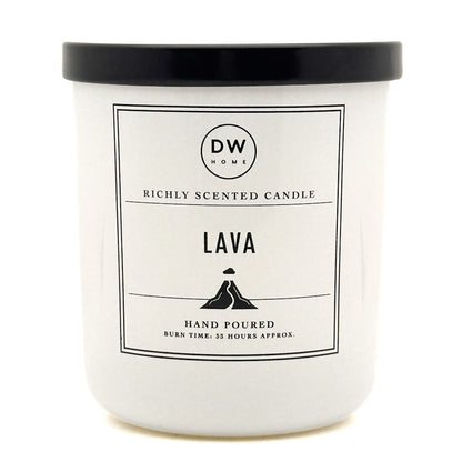 A white candle jat with a black lid labeled 'Lava' by DW Home on a white background