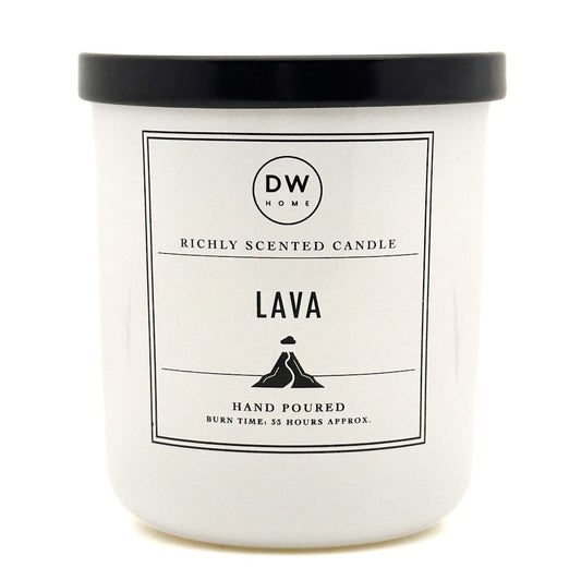 A white candle jat with a black lid labeled 'Lava' by DW Home on a white background