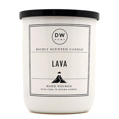 A white glass jar candle with a black lid and a minimalist black label reading 'DW HOME' and 'LAVA'.
