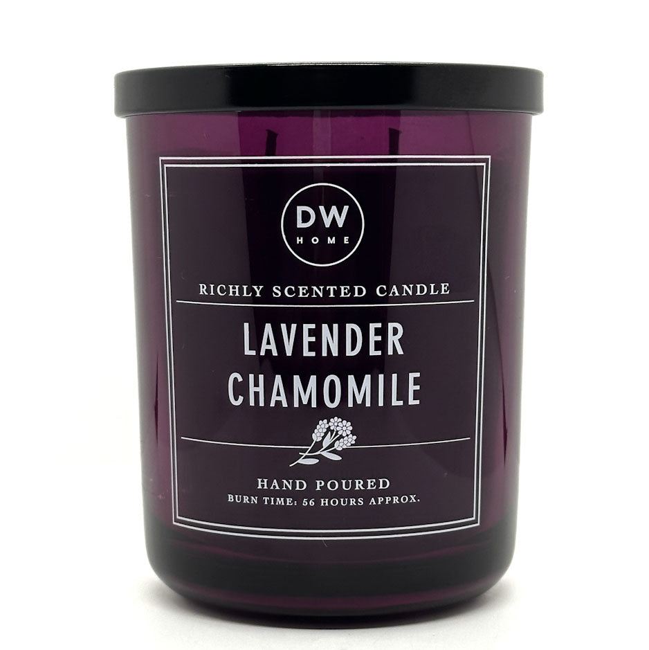 DW HOME SIGNATURE Lavender Chamomile purple candle with a black lid and label on a white background