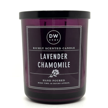 DW HOME SIGNATURE Lavender Chamomile purple candle with a black lid and label on a white background