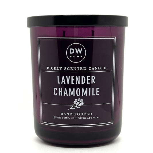 DW HOME SIGNATURE Lavender Chamomile purple candle with a black lid and label on a white background